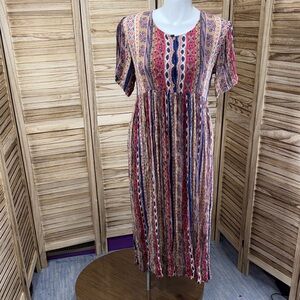 Cotton Breeze Dress Bohemian Blue Tan Pink Maxi Vintage Size M